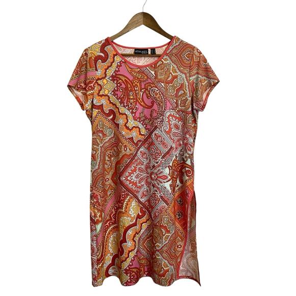 Attitudes by Renee Dress Womens M Red Orange Pink Short Midi Stretchy Slit - Picture 1 of 9